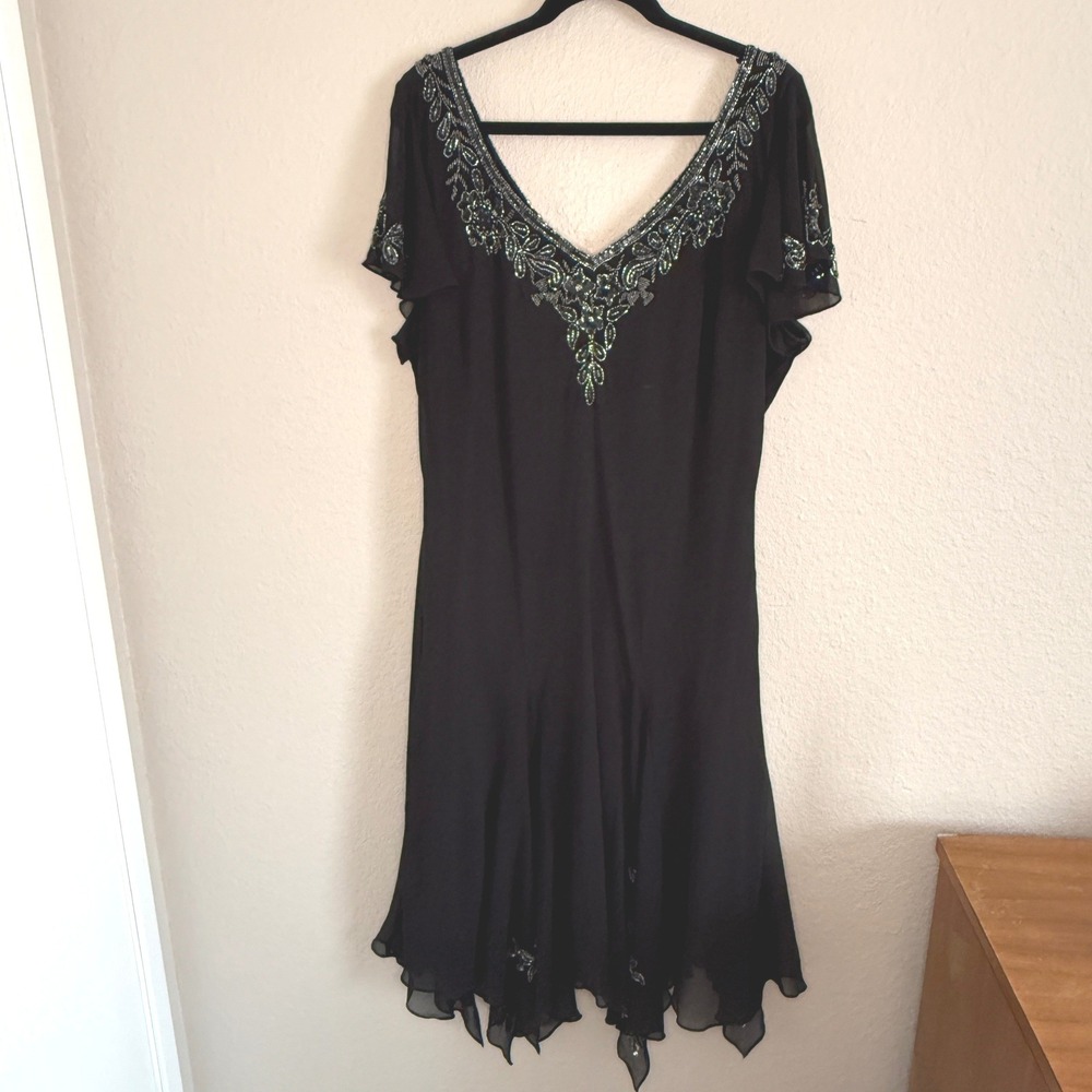 JKara Black Beaded Handkerchief Hem Cocktail‎ Formal Mother of Bride Dress 24W